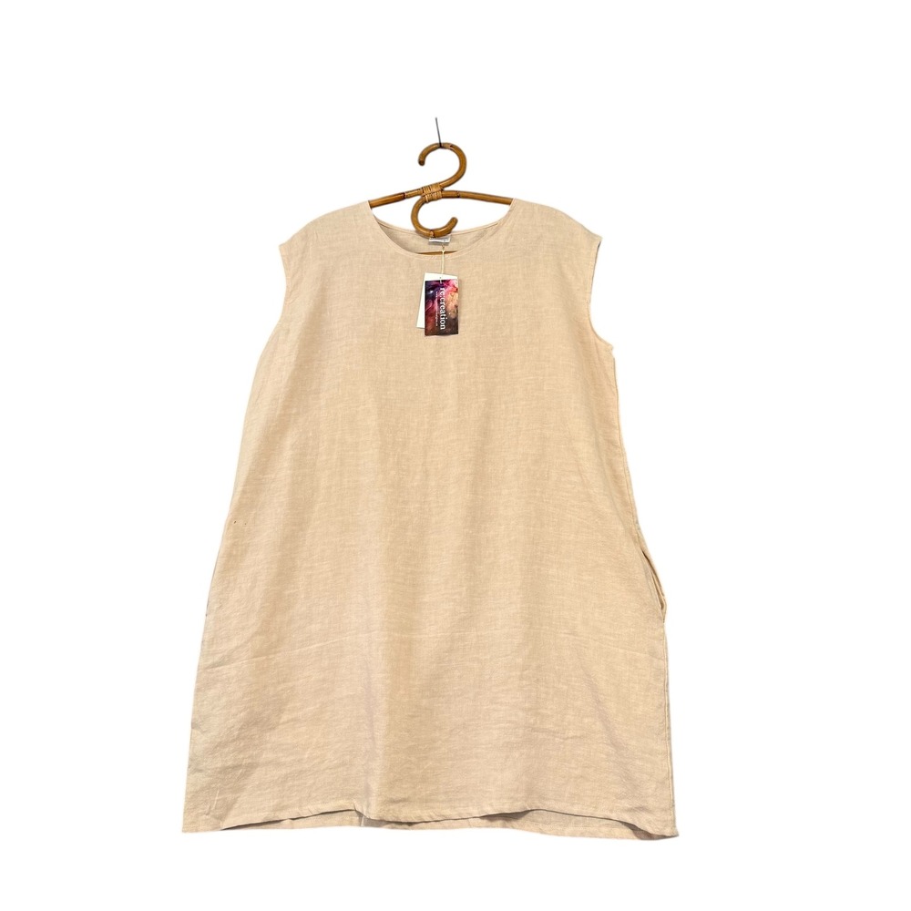 Re:creation | Beige 100% Linen Sleeveless Boho Mini Dress One Size